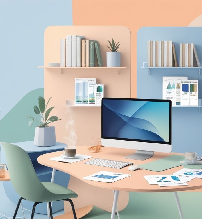 Image représentant un bureau avec un ordinateur et une chaise de bureau