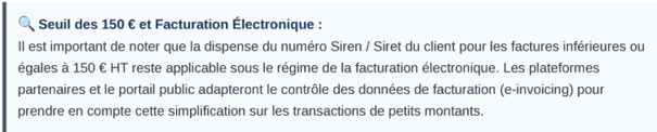 Particularités seuil facturation 150 euros